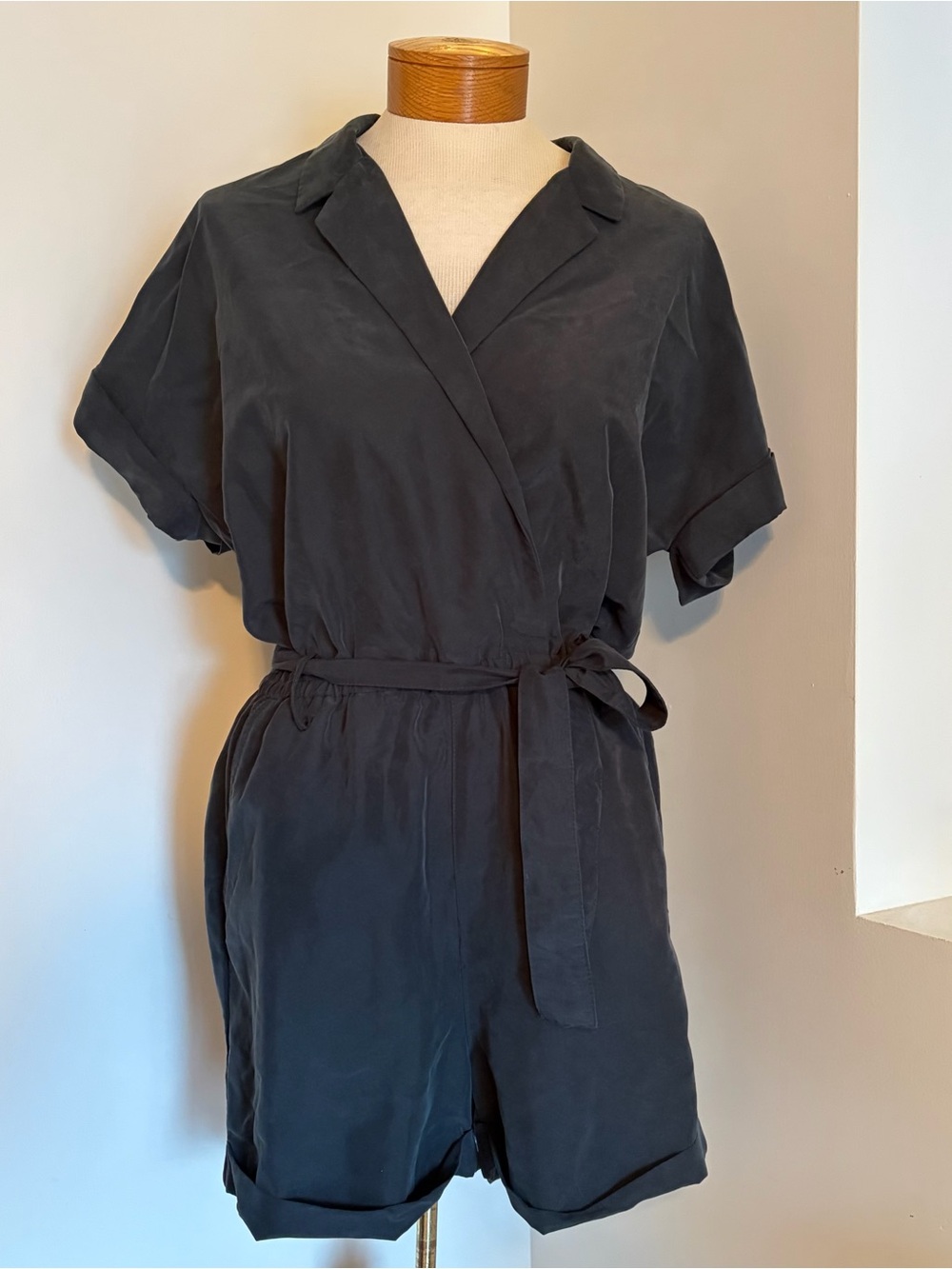 H&M Black Short Sleeve Wrap Romper with Waist Tie